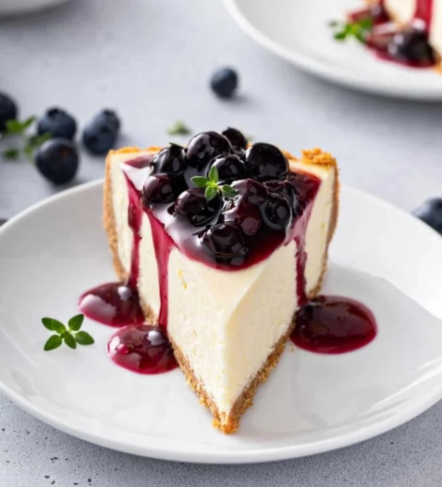 cheesecake drizzled with blueberry syrup